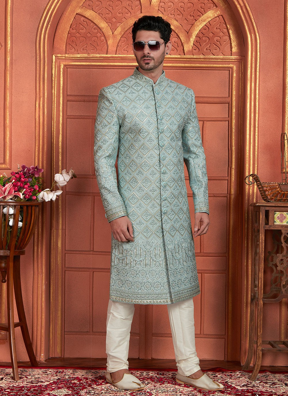 Embroidered Art Silk Firozi Sherwani - M8273