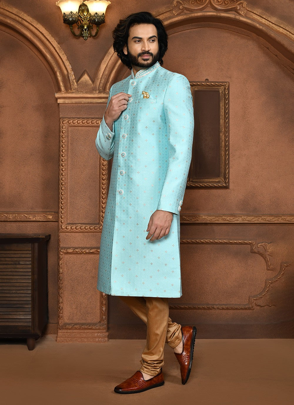 Embroidered Art Silk Firozi Sherwani - M8045
