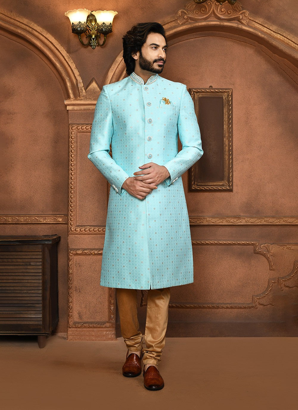 Embroidered Art Silk Firozi Sherwani - M8045