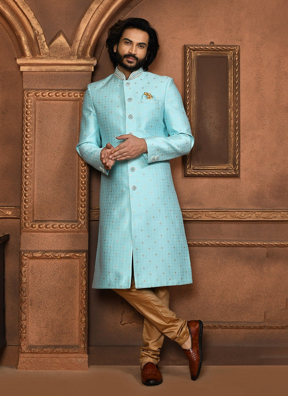 Embroidered Art Silk Firozi Sherwani - M8045