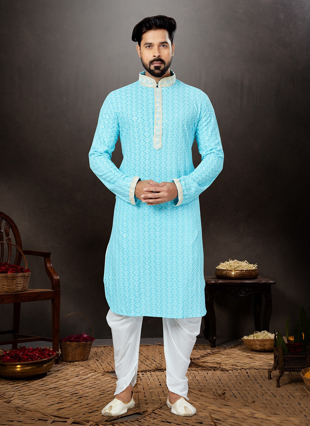Embroidered Rayon Firozi Kurta - M5758