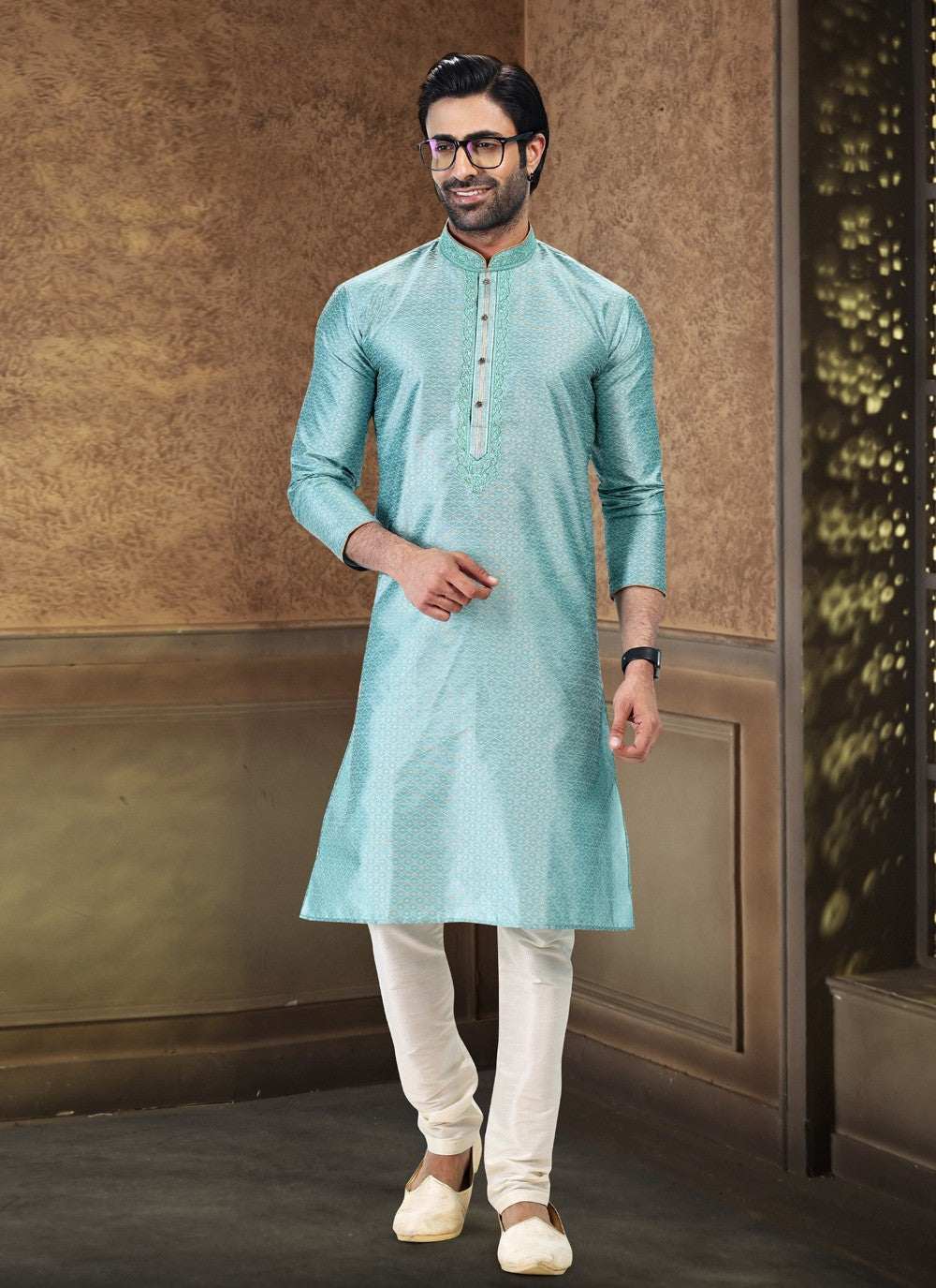 Fancy Work Banarasi Silk, Jacquard Firozi Kurta Pyjama - M4867