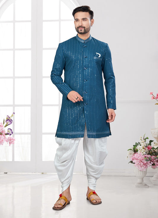 Machine Embroidery Imported, Silk Firozi Sherwani - M8615