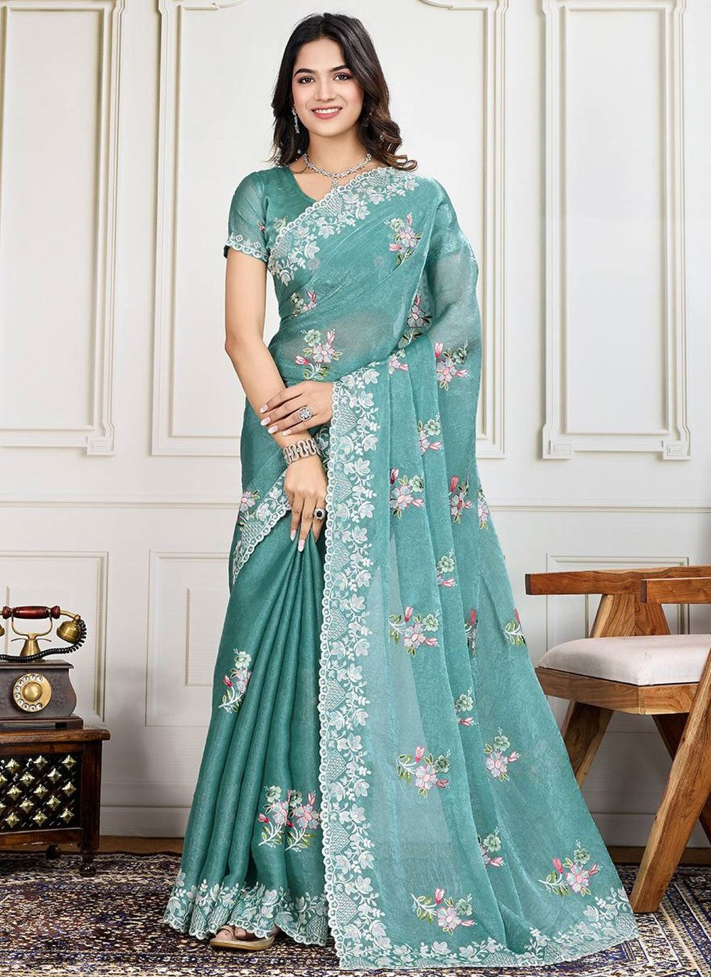 Cut Work Silk Firozi Saree S14228