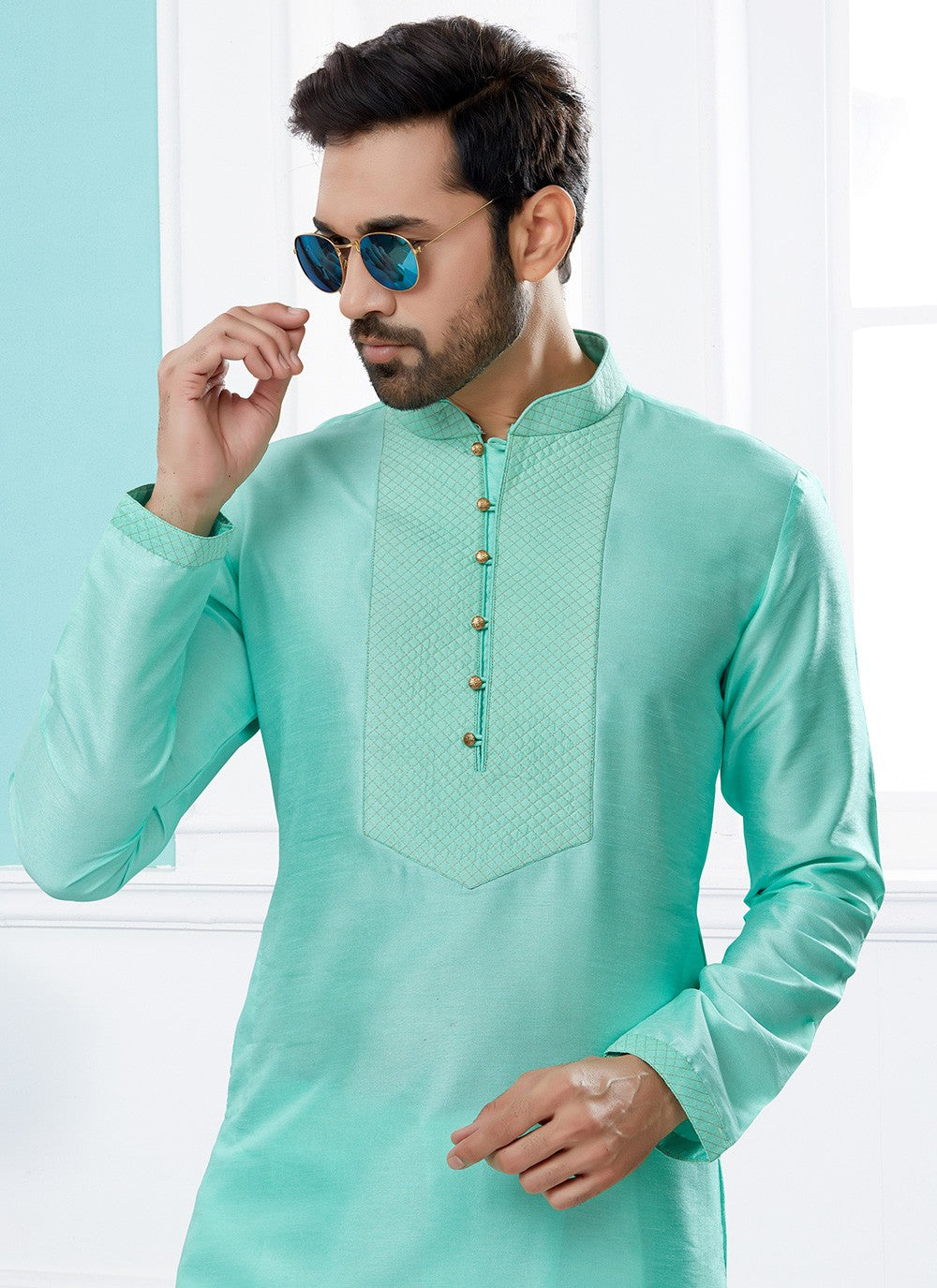 Fancy Work Dupion Silk Firozi Kurta - M5745
