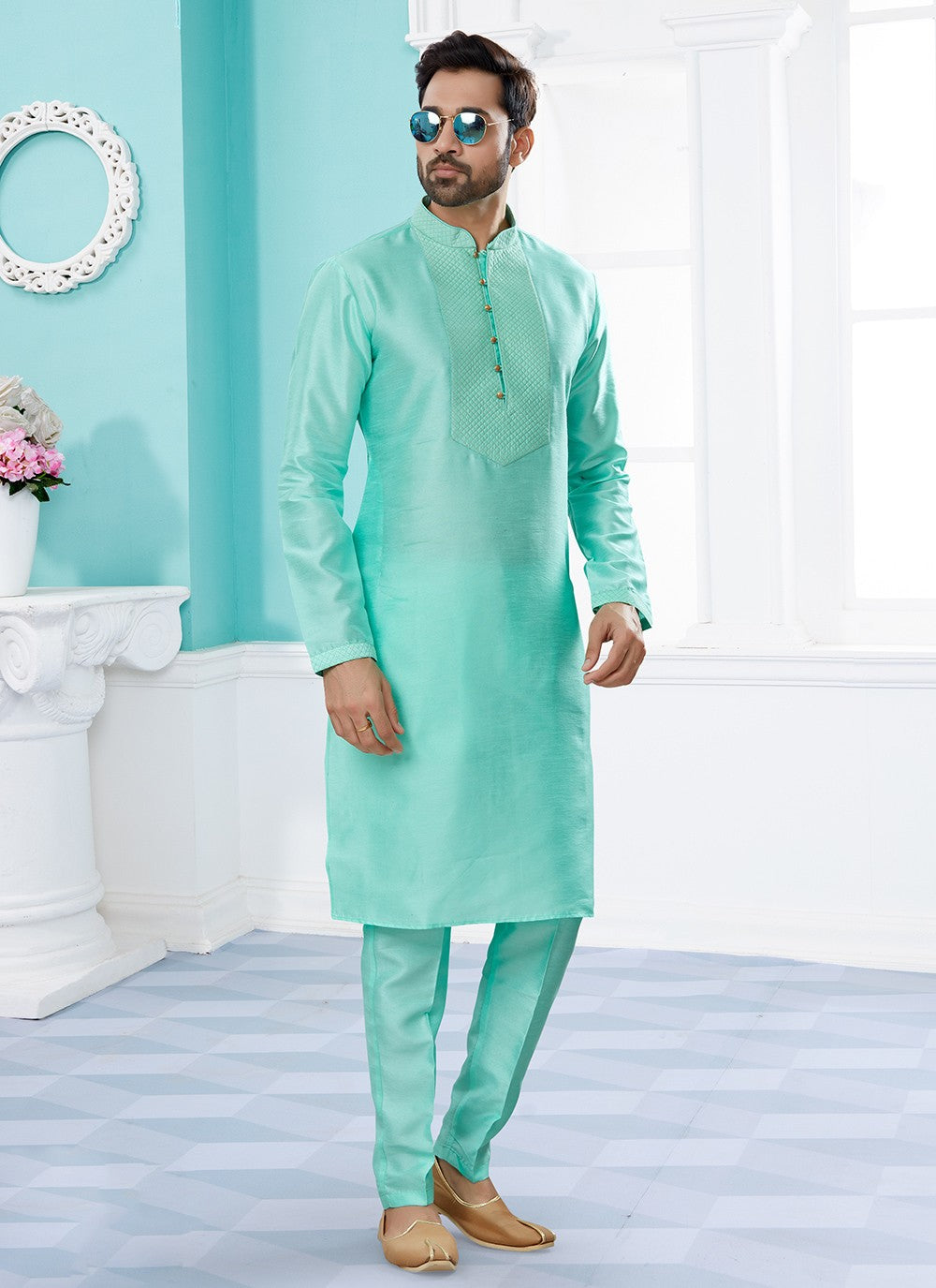Fancy Work Dupion Silk Firozi Kurta - M5745