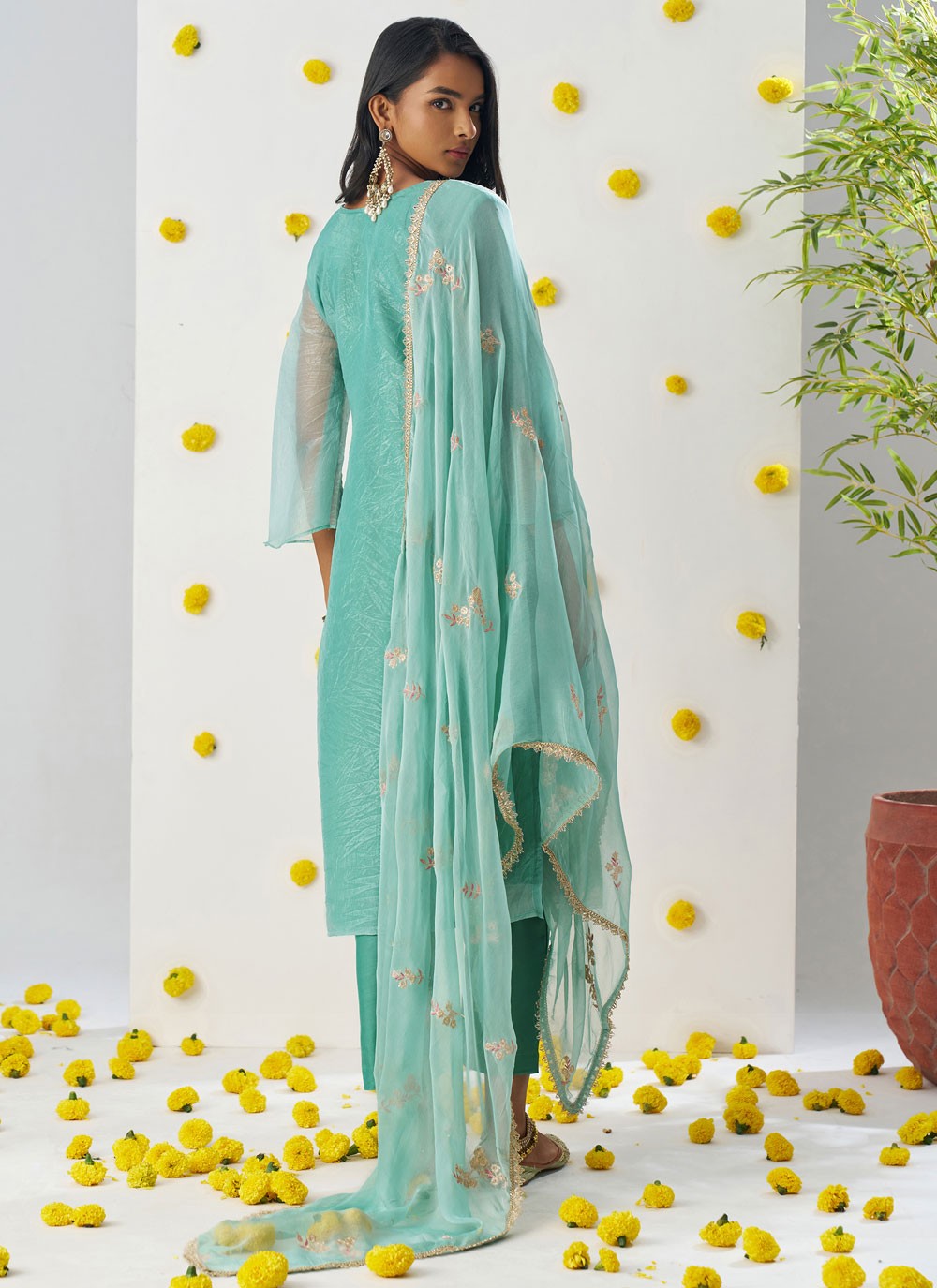 Pant Style Suit Embroidered, Stones, Zari Firozi T6966