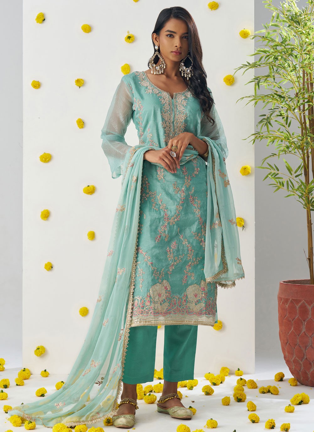 Pant Style Suit Embroidered, Stones, Zari Firozi T6966
