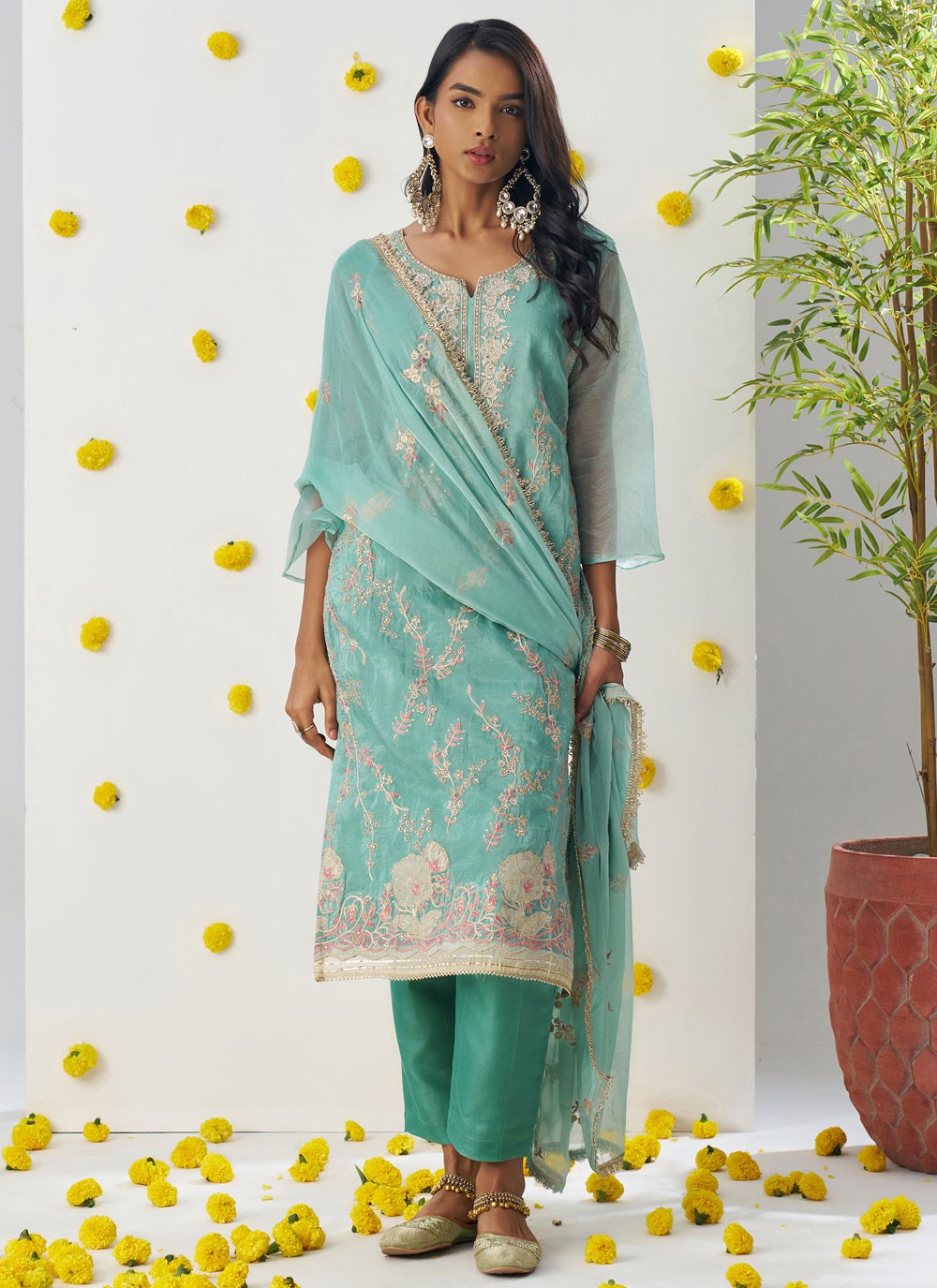 Pant Style Suit Embroidered, Stones, Zari Firozi T6966