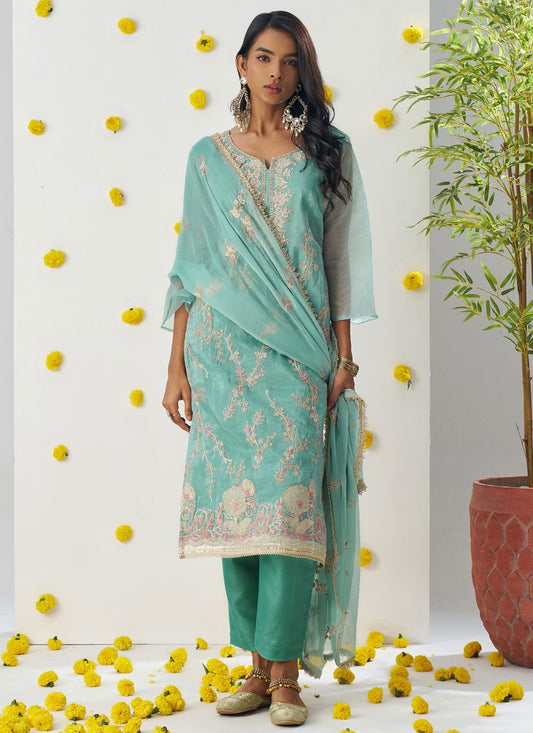 Pant Style Suit Embroidered, Stones, Zari Firozi T6966