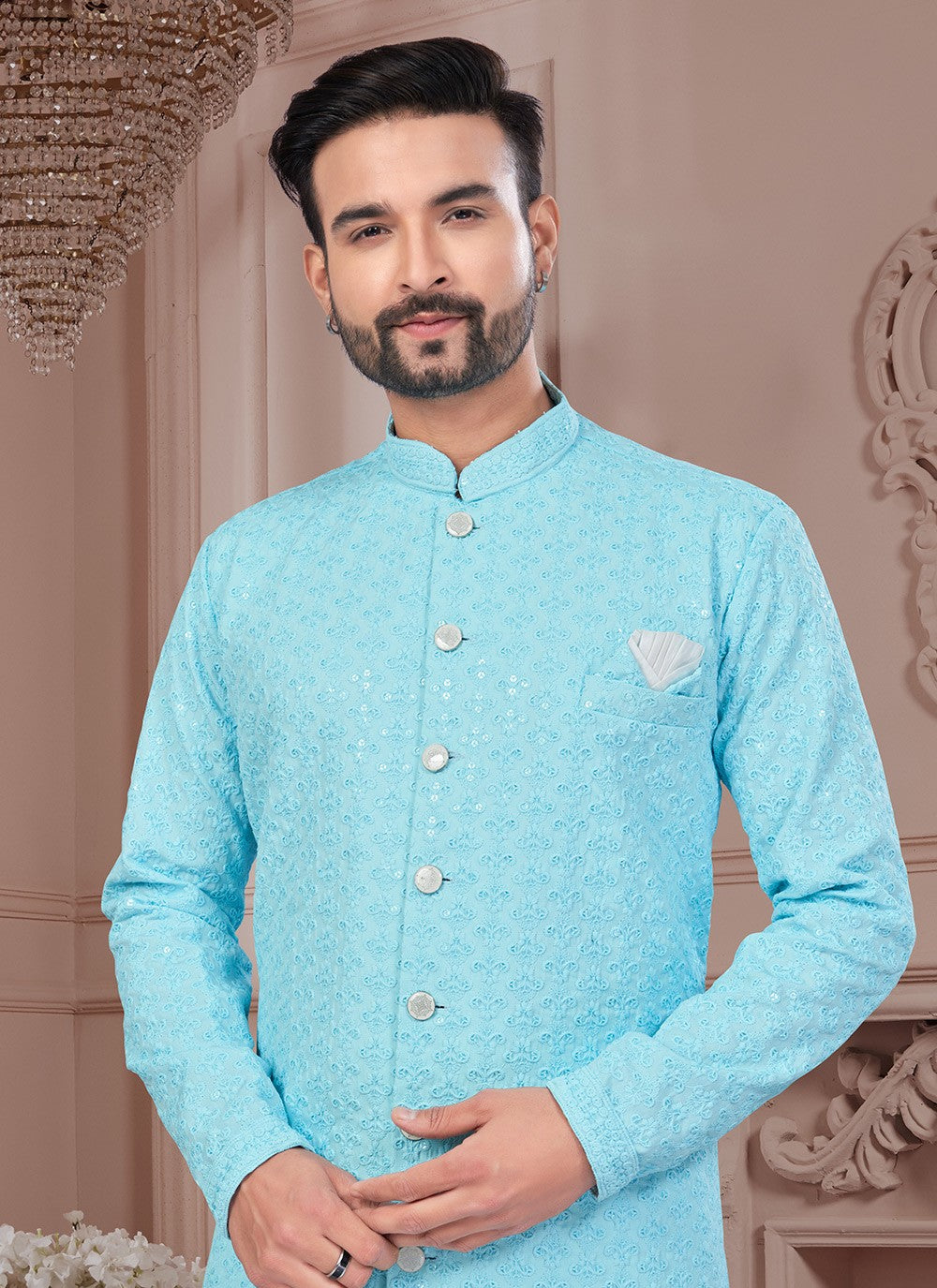 Chikankari Work Lucknowi, Rayon Firozi Indo Western Sherwani - M8628