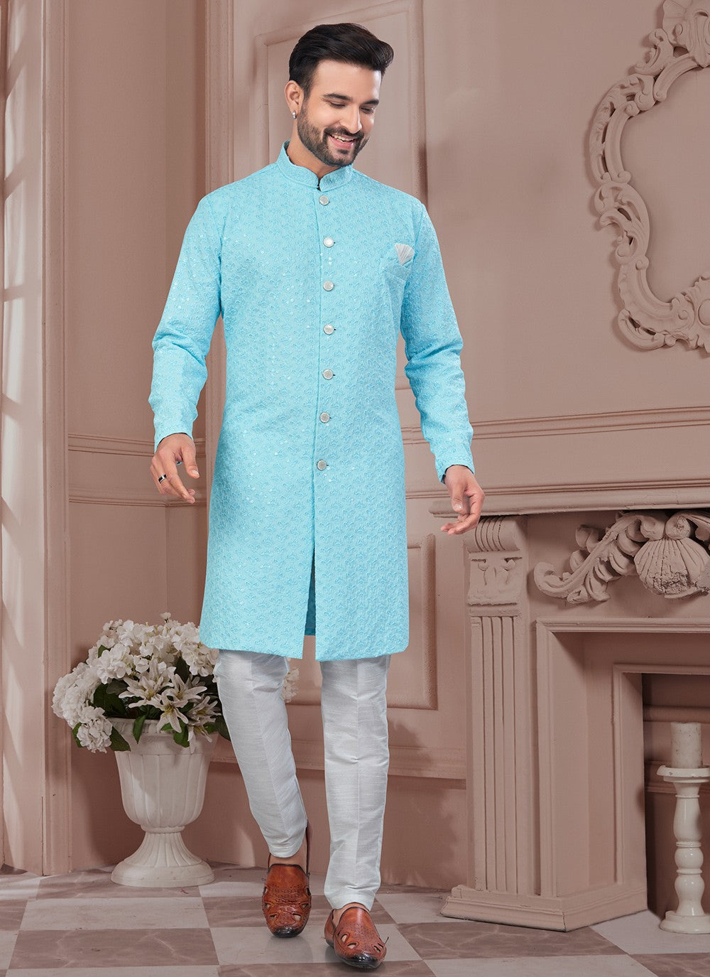 Chikankari Work Lucknowi, Rayon Firozi Indo Western Sherwani - M8628