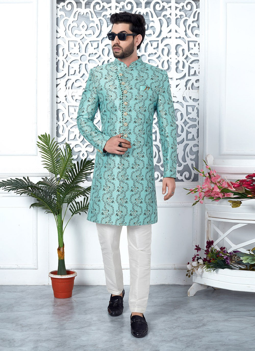 Fancy Work Jacquard Silk Firozi Indo Western - M6628