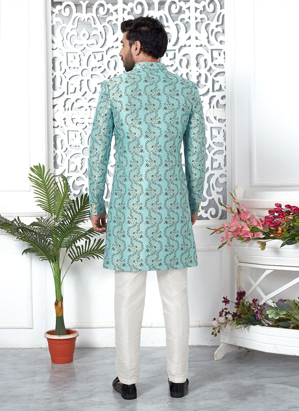 Fancy Work Jacquard Silk Firozi Indo Western - M6628