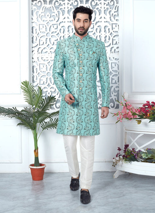 Fancy Work Jacquard Silk Firozi Indo Western - M6628