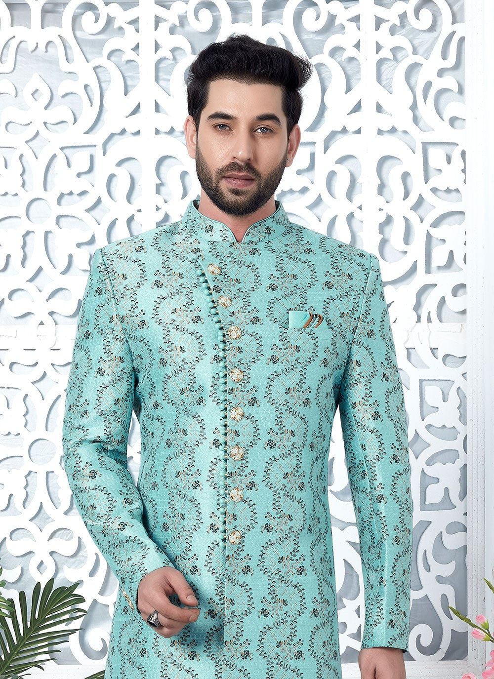 Fancy Work Jacquard Silk Firozi Indo Western - M6628