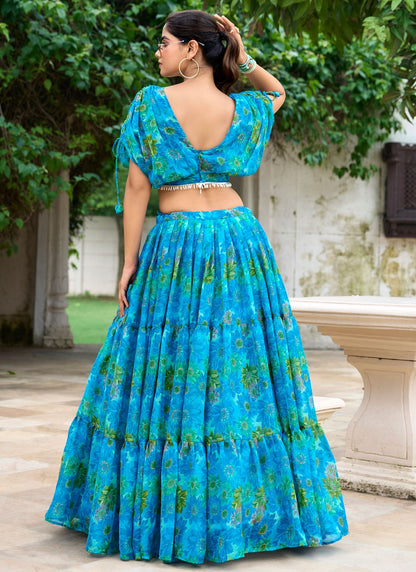 Floral Printed Chiffon Firozi Lehenga Choli L3748