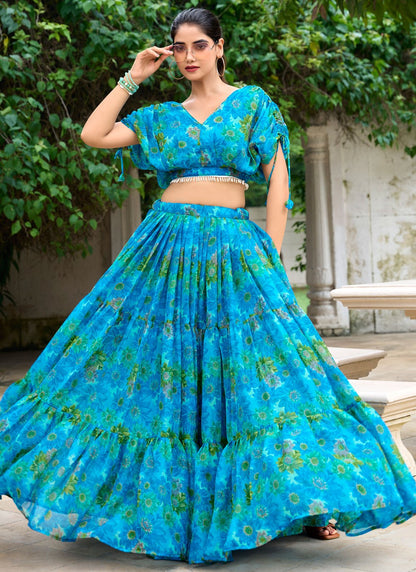 Floral Printed Chiffon Firozi Lehenga Choli L3748