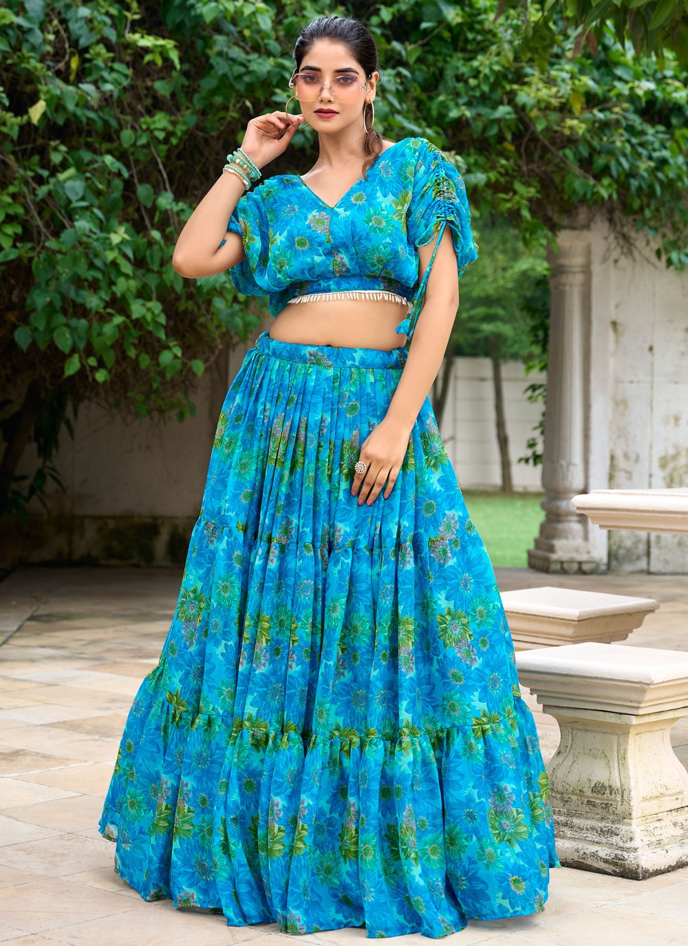 Floral Printed Chiffon Firozi Lehenga Choli L3748