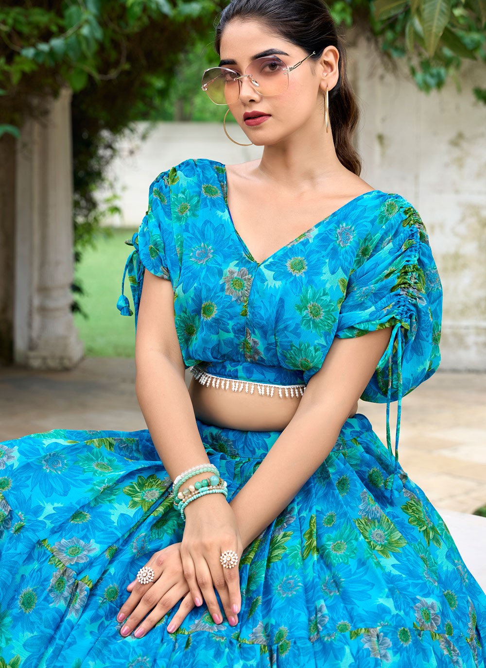 Floral Printed Chiffon Firozi Lehenga Choli L3748