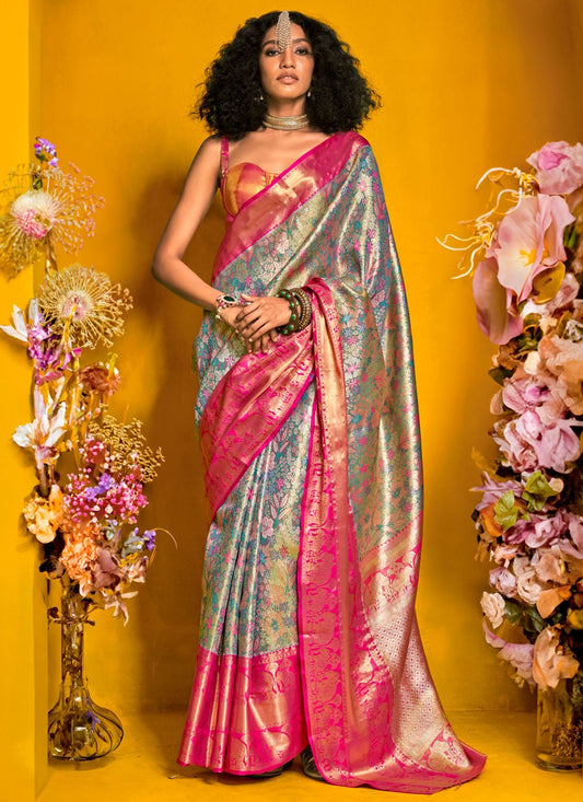 Weaving Zari Handloom Silk Firozi Saree S14444