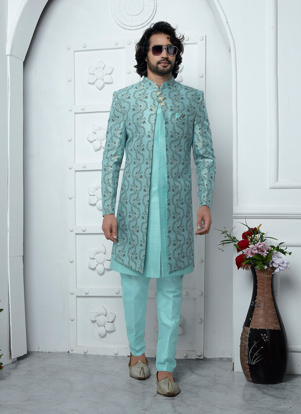 Fancy Work Jacquard Silk Firozi Indo Western - M6611