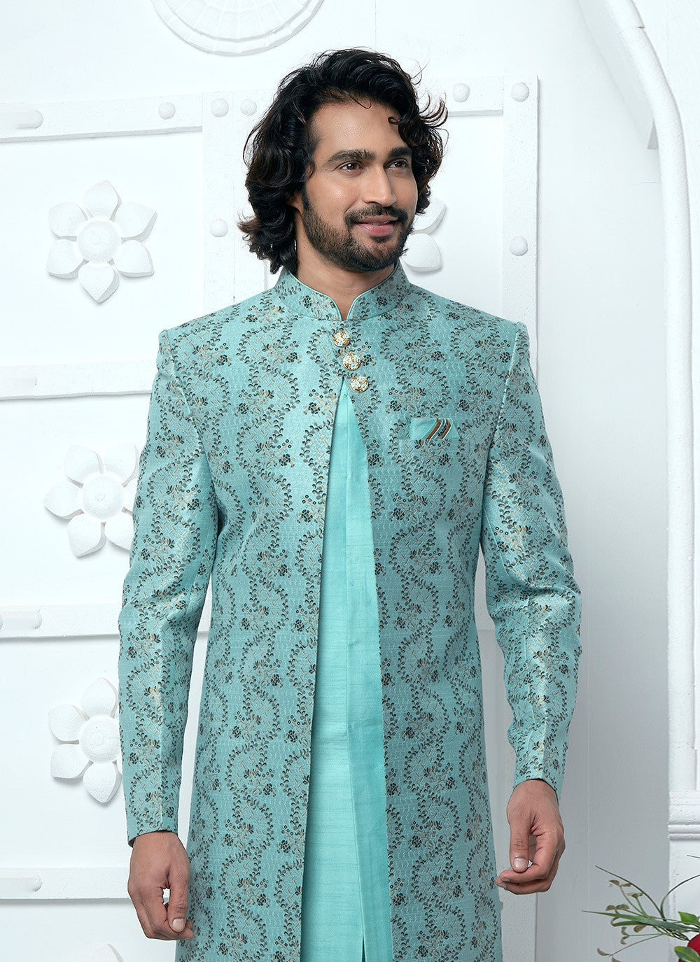 Fancy Work Jacquard Silk Firozi Indo Western - M6611