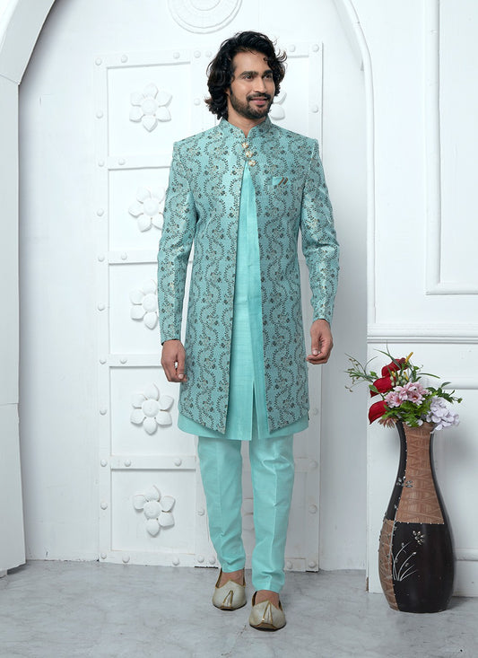 Fancy Work Jacquard Silk Firozi Indo Western - M6611