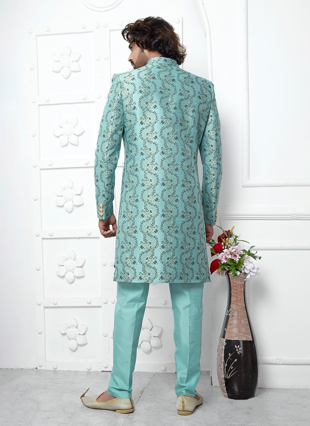 Fancy Work Jacquard Silk Firozi Indo Western - M6611