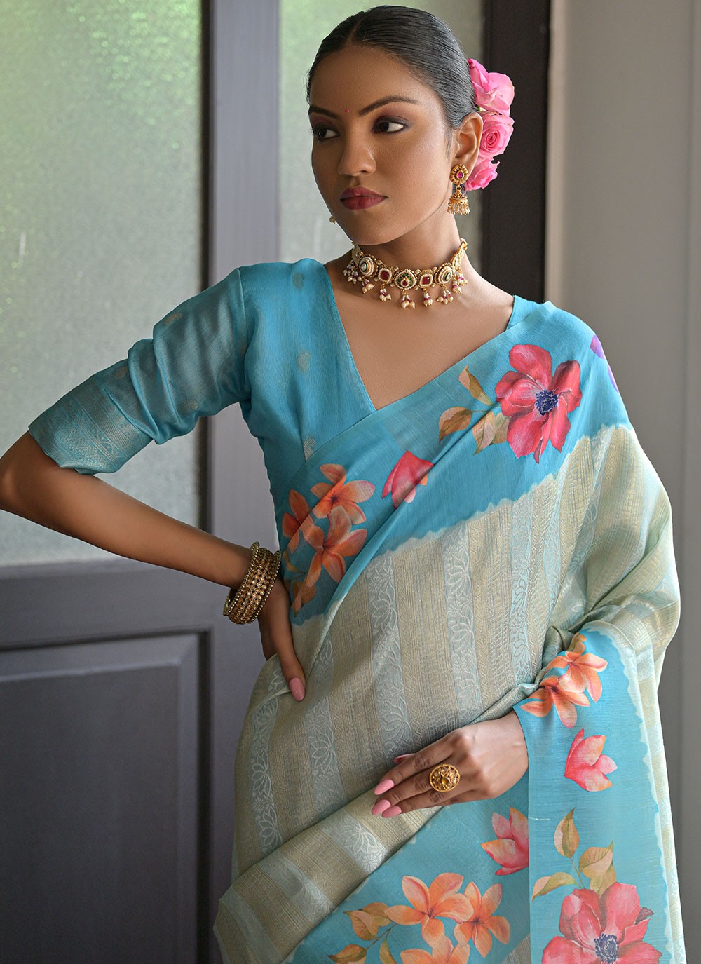 Classic Floral Printed Banarasi Silk Saree - S6682