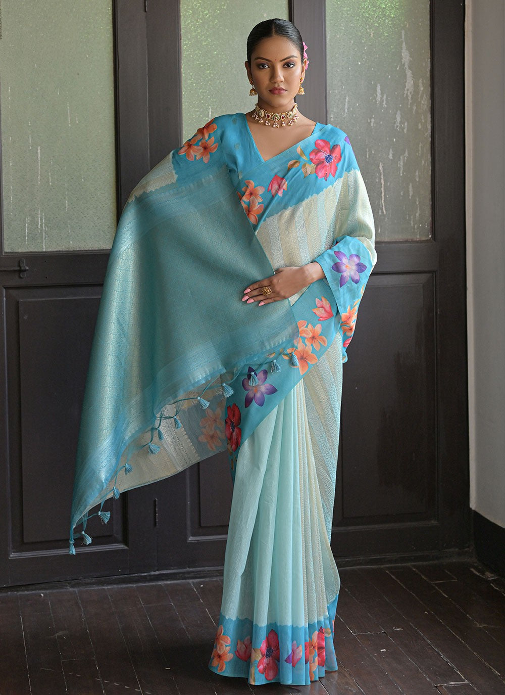 Classic Floral Printed Banarasi Silk Saree - S6682