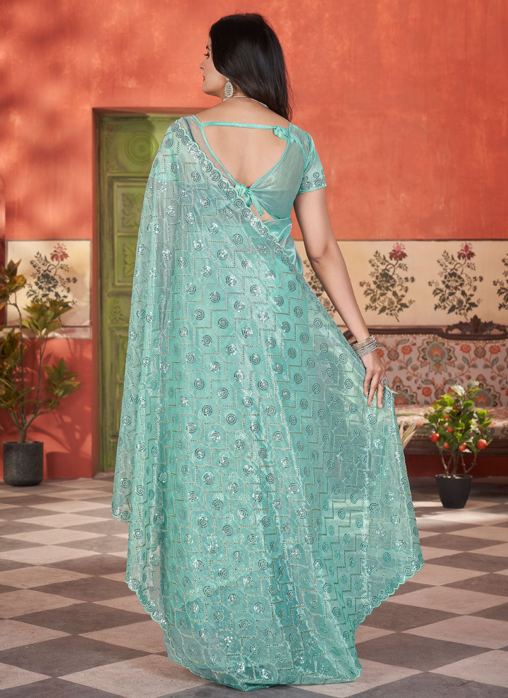 Firozi Net Classic Saree Cut Work, Embroidered, Sequins, Thread S15707