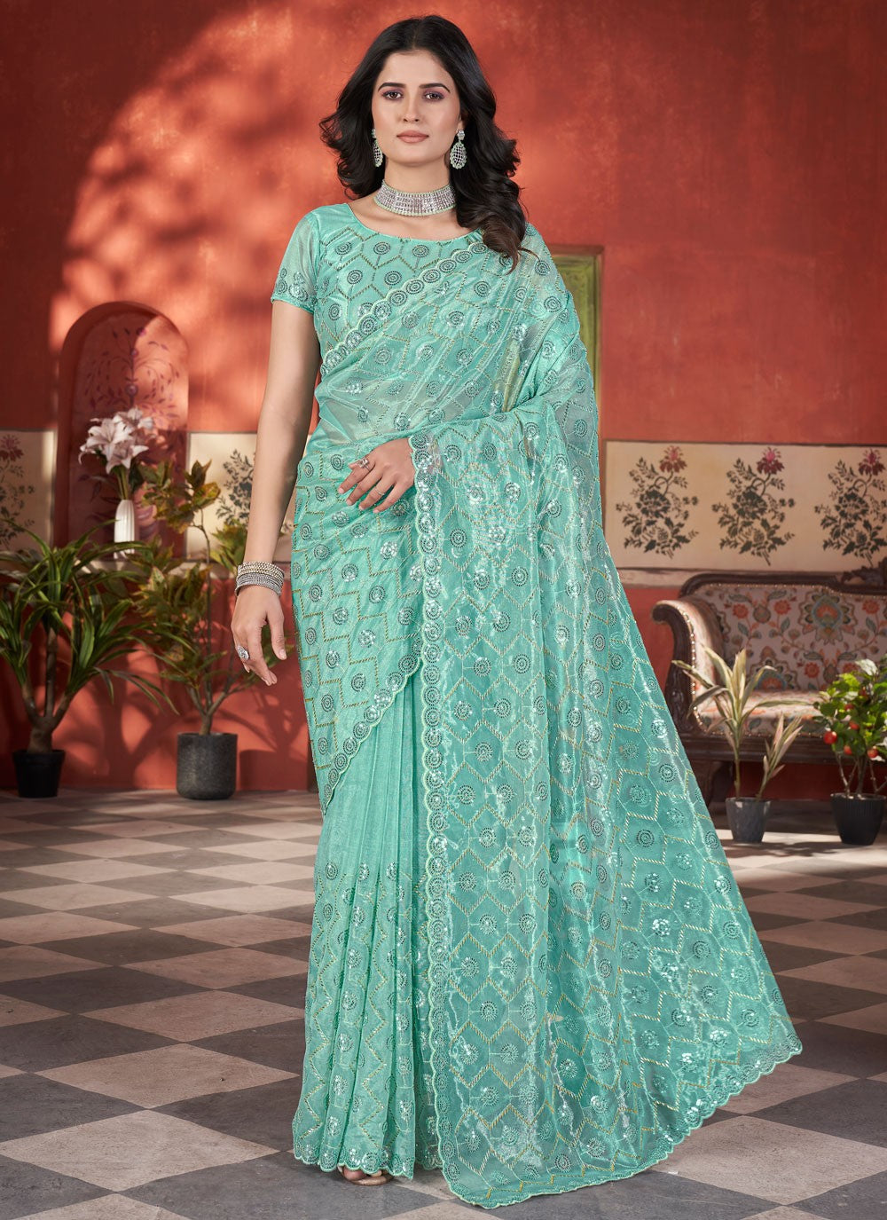 Firozi Net Classic Saree Cut Work, Embroidered, Sequins, Thread S15707