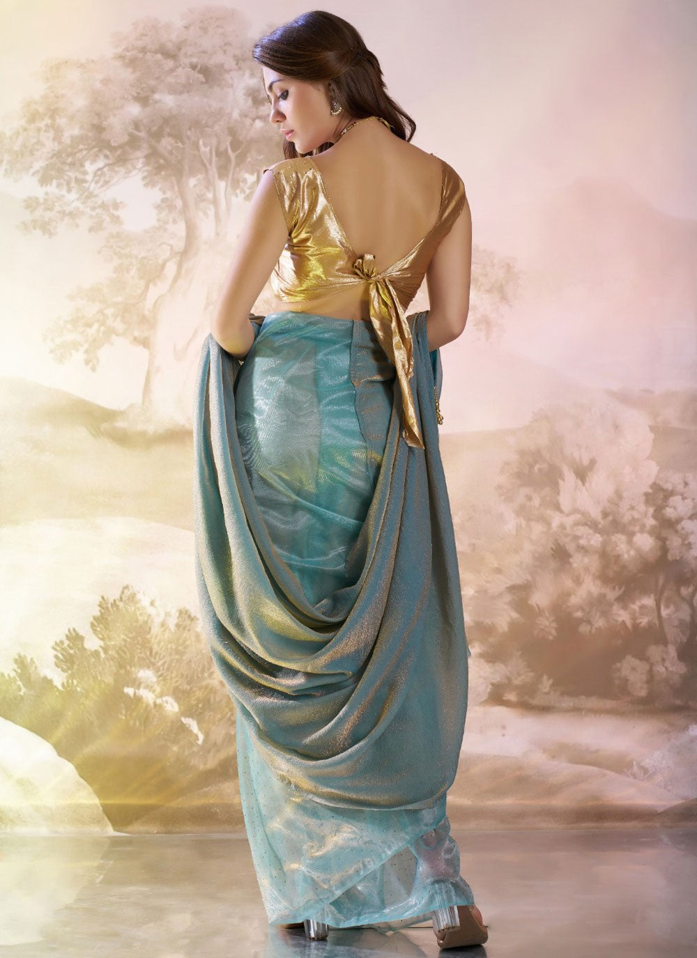Designer Plain Firozi Net Saree S13519
