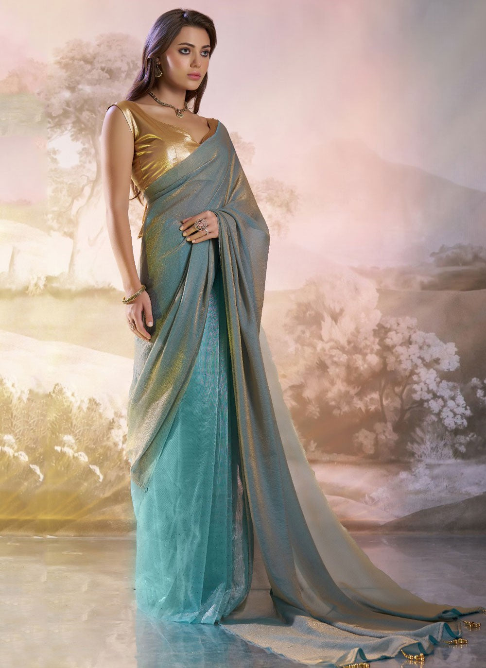 Designer Plain Firozi Net Saree S13519