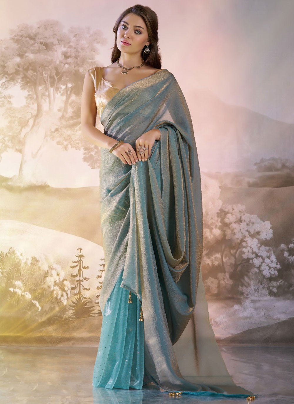 Designer Plain Firozi Net Saree S13519