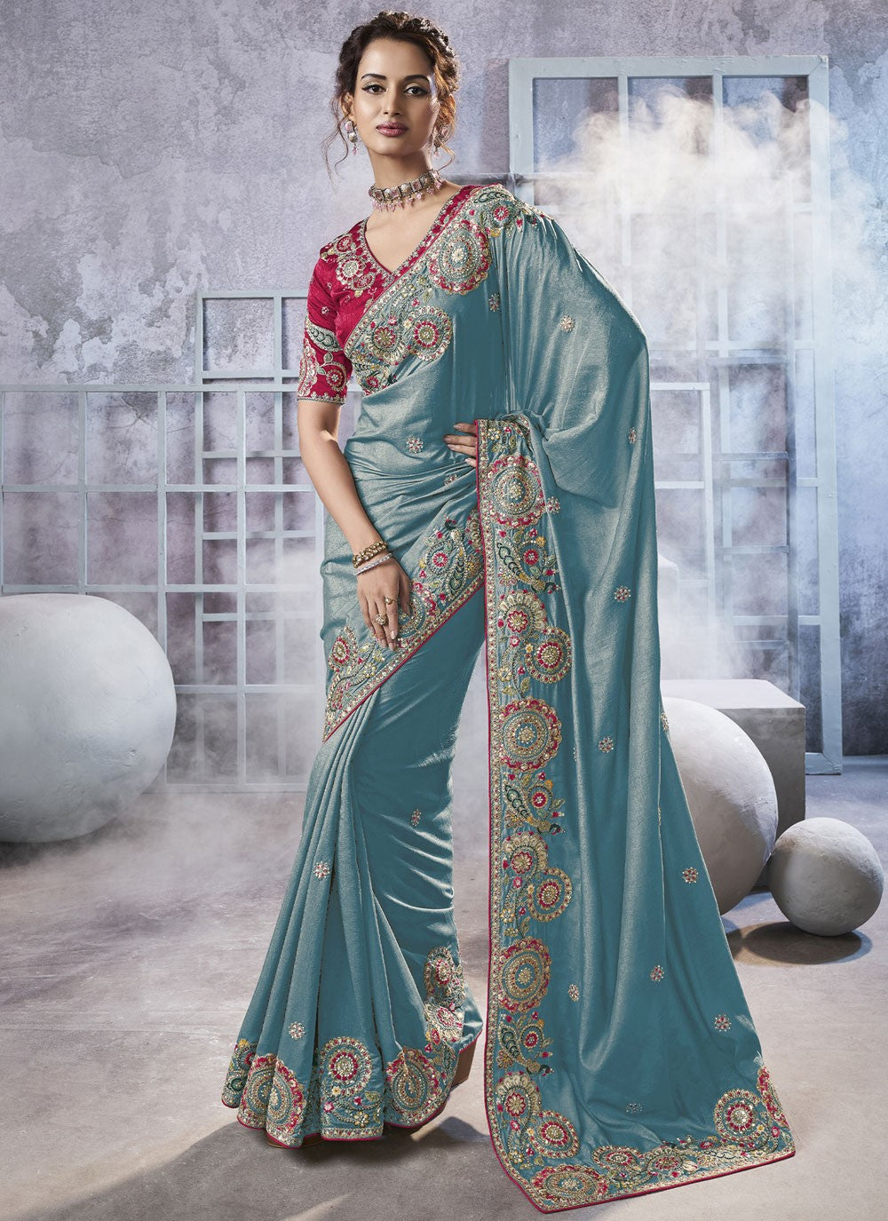 Diamond Crush Firozi Saree S14195