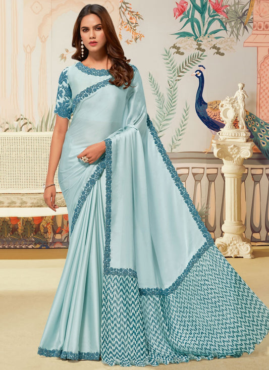Firozi Satin Silk Classic Saree Sequins, Zardosi S19836