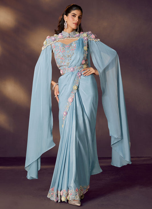 Firozi Satin Silk Classic Saree Embroidered, Pearls, Sequins S20486