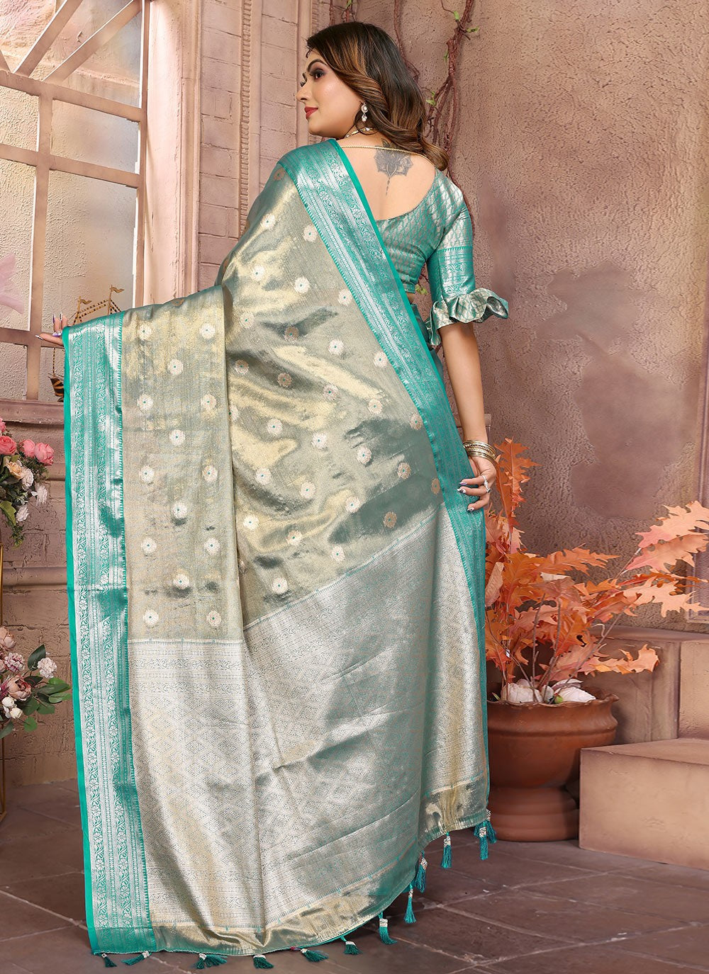Woven Silk Firozi Saree S14616