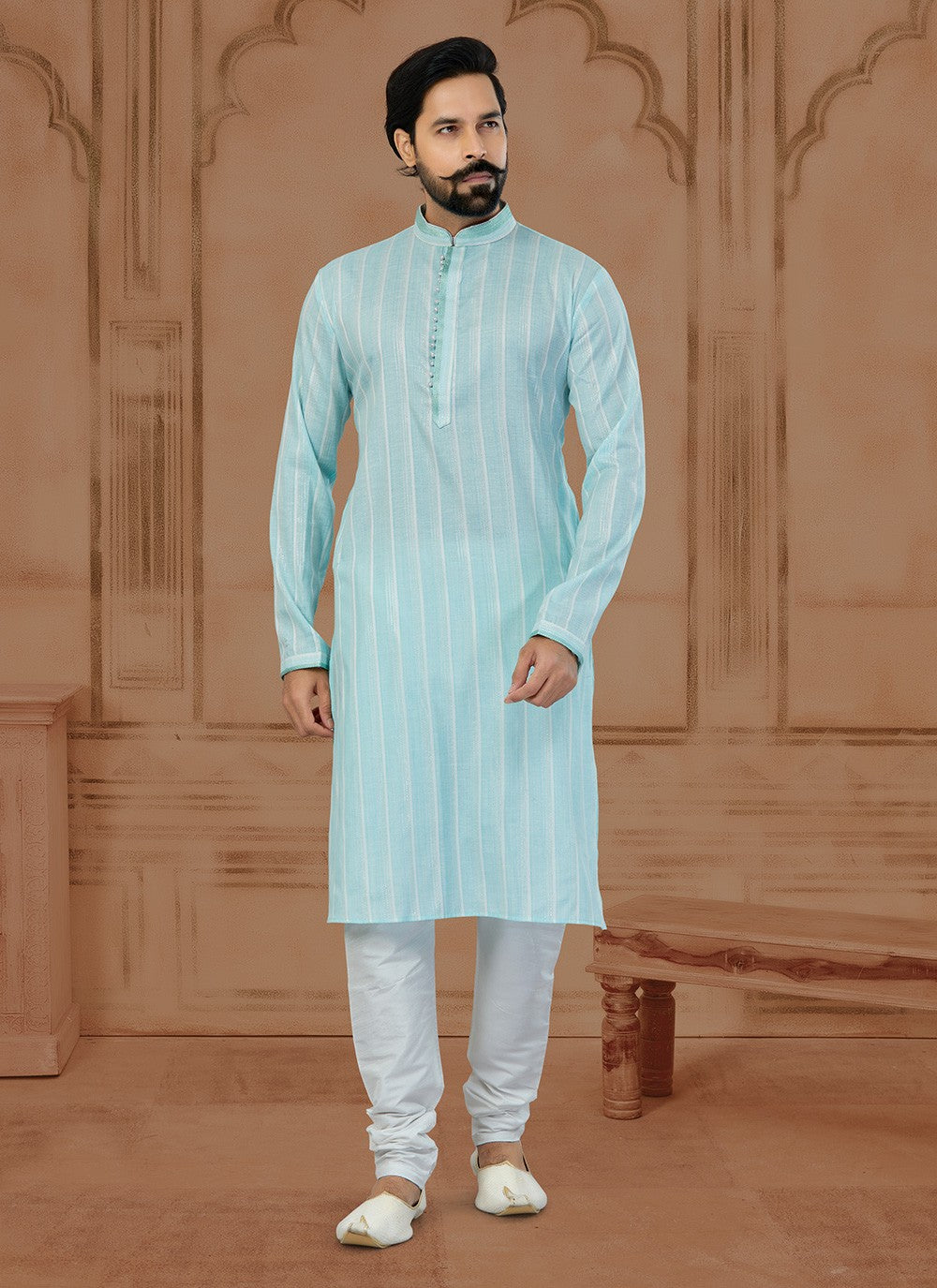 Fancy Work Soft Cotton Firozi Kurta - M5780