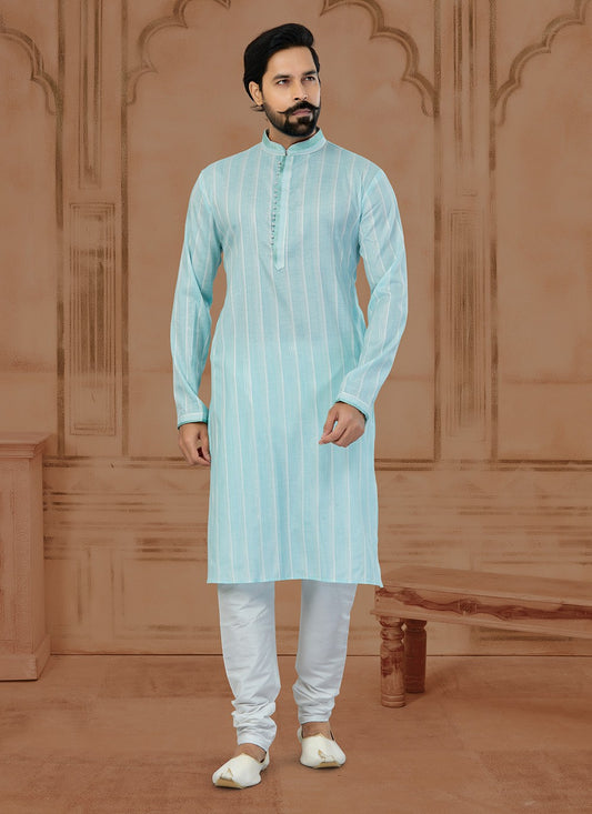 Fancy Work Soft Cotton Firozi Kurta - M5780
