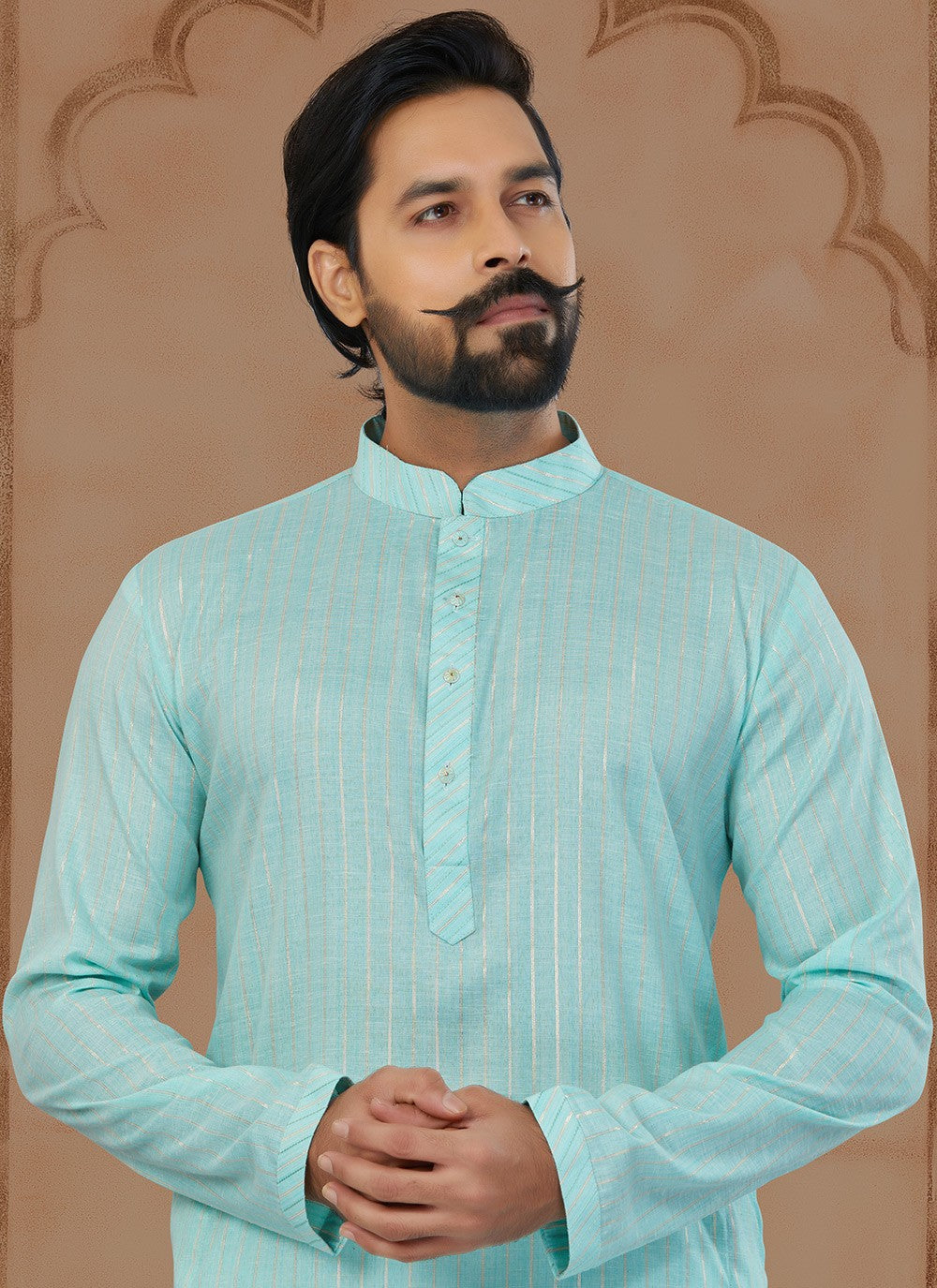 Fancy Work Soft Cotton Firozi Kurta - M5777