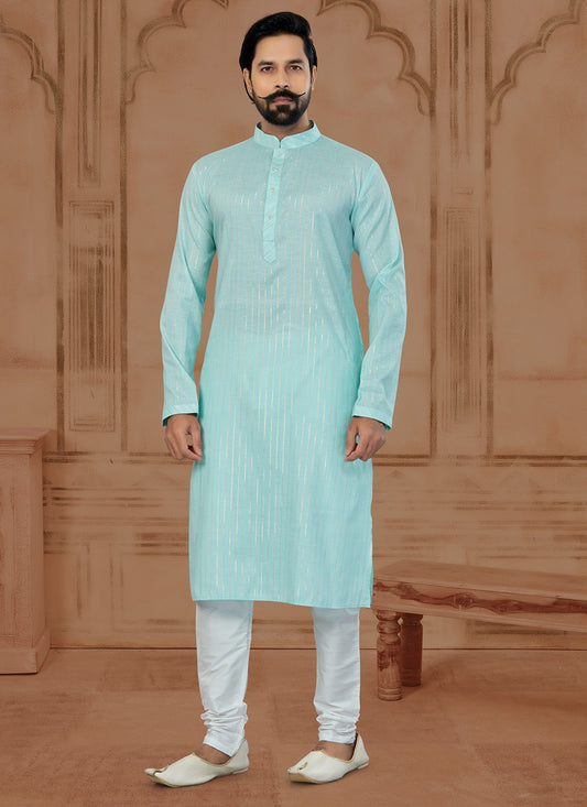 Fancy Work Soft Cotton Firozi Kurta - M5777
