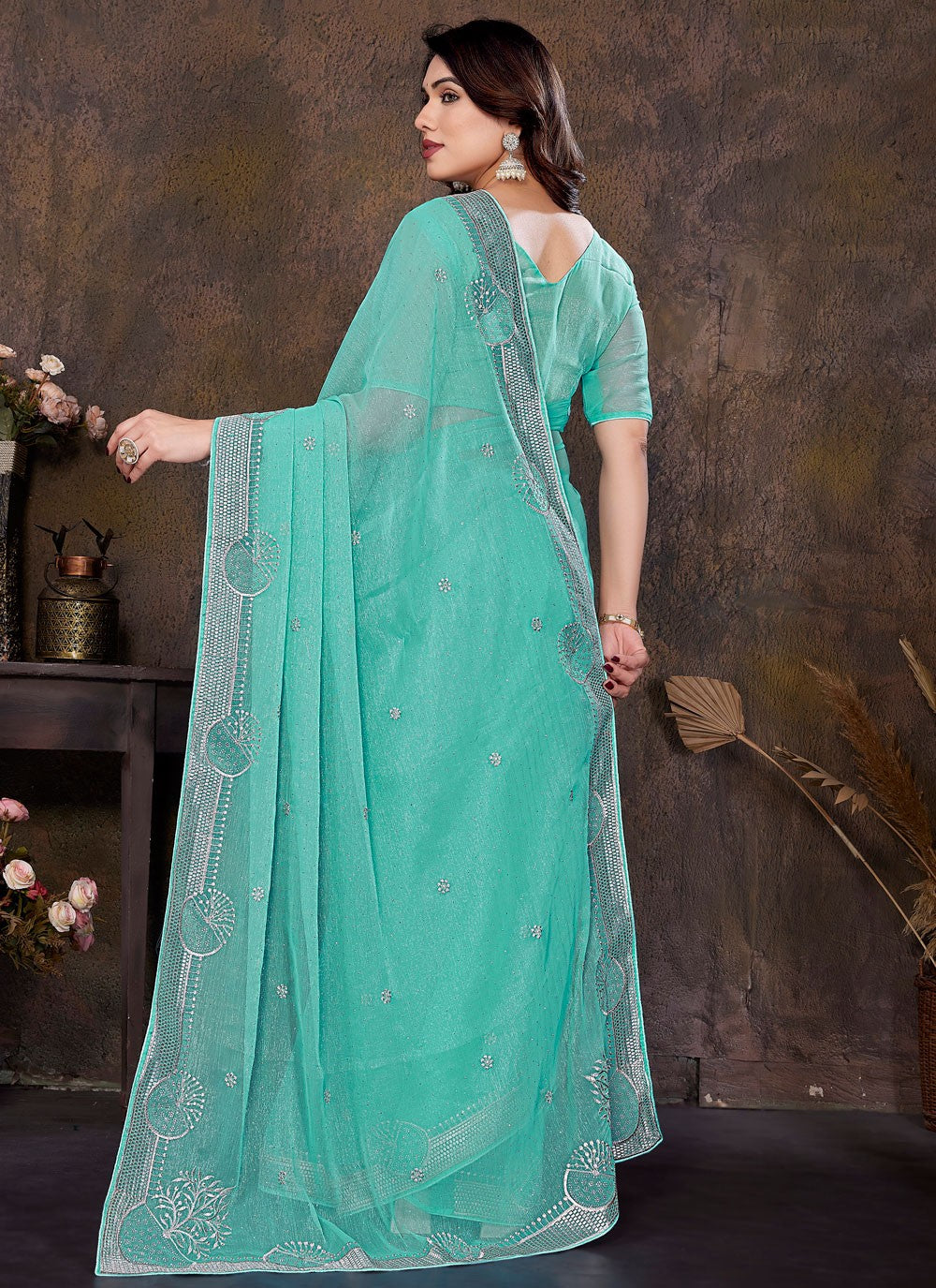 Embroidered Shimmer Firozi Traditional Saree S15001