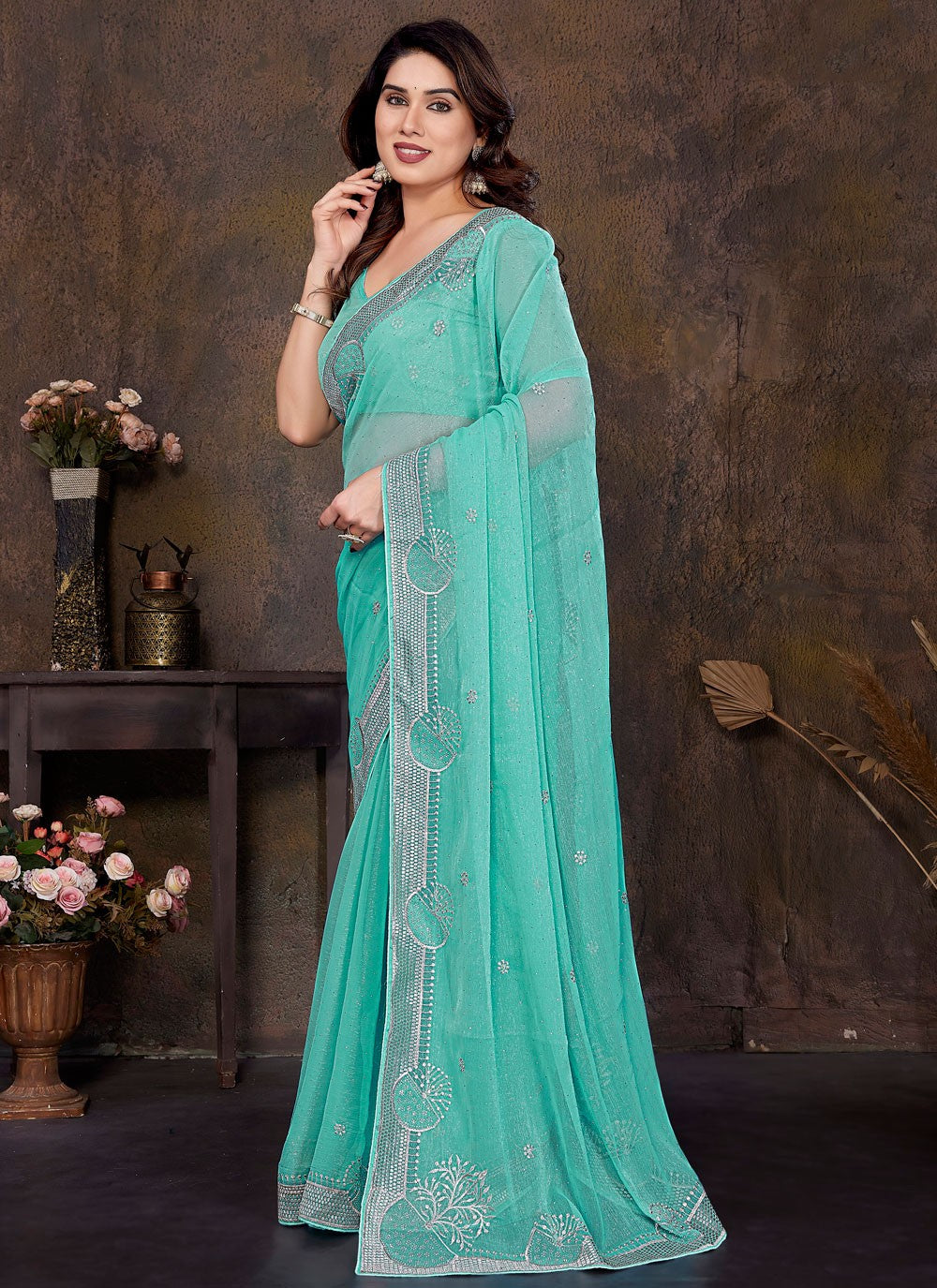 Embroidered Shimmer Firozi Traditional Saree S15001