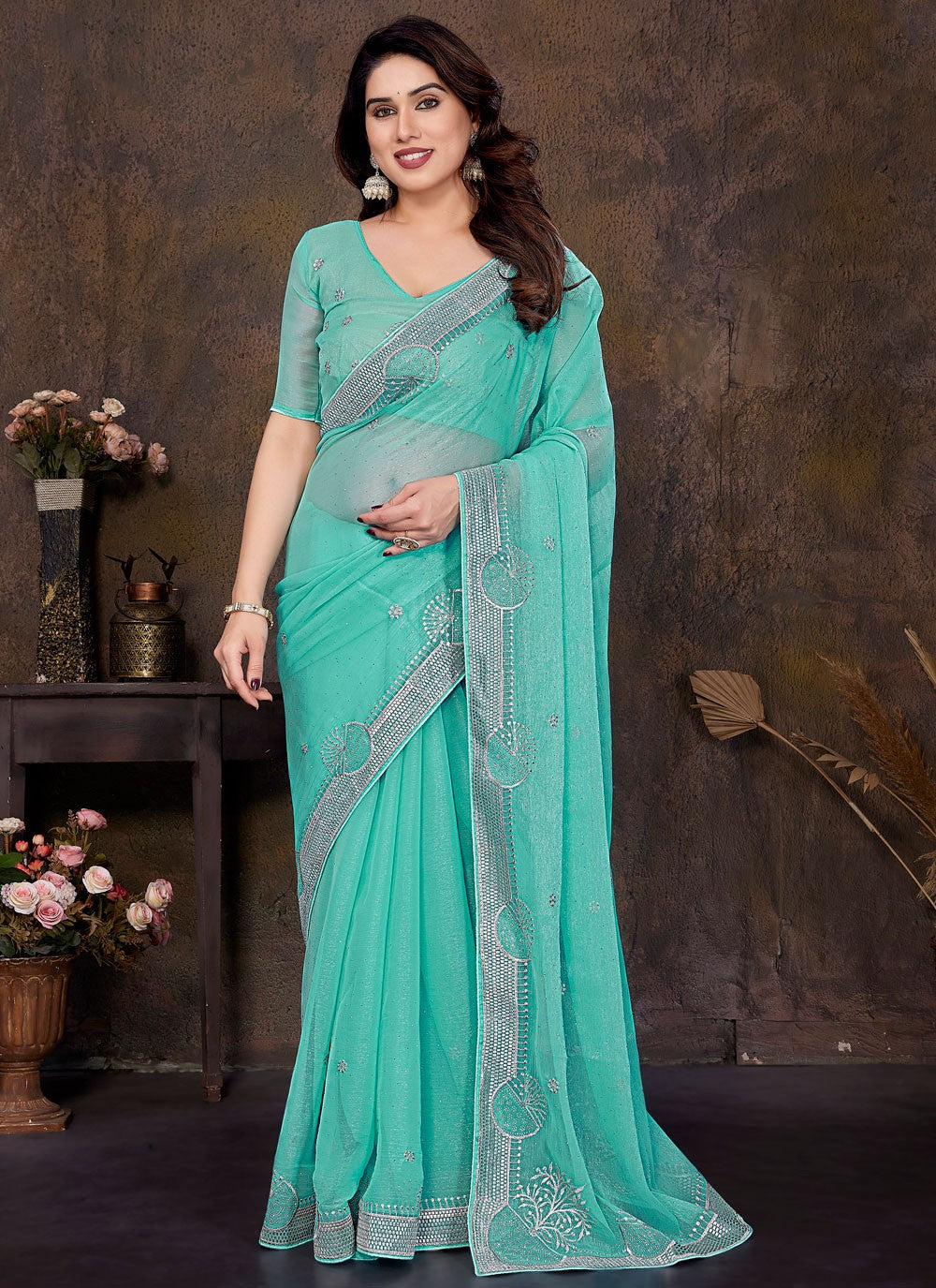Embroidered Shimmer Firozi Traditional Saree S15001