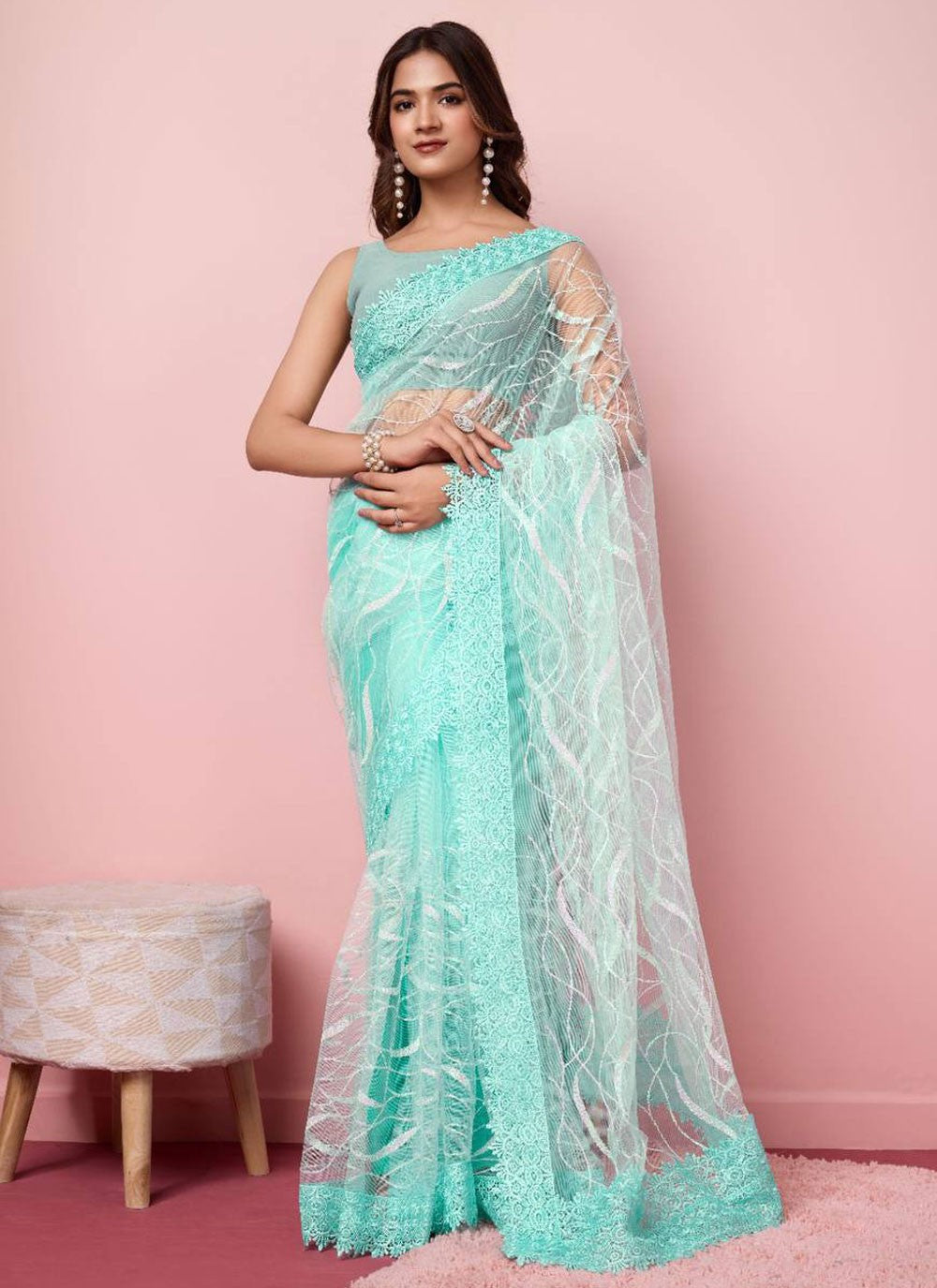 Contemporary Border Work Net Saree - S6471