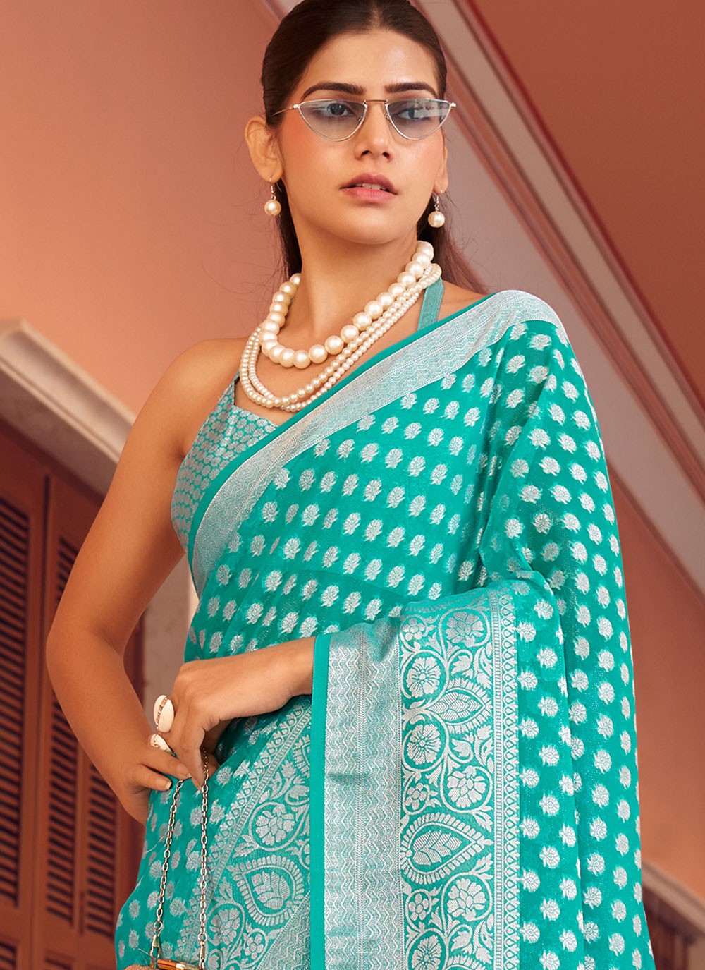 Firozi Georgette Traditional Saree Weaving Zari S17641