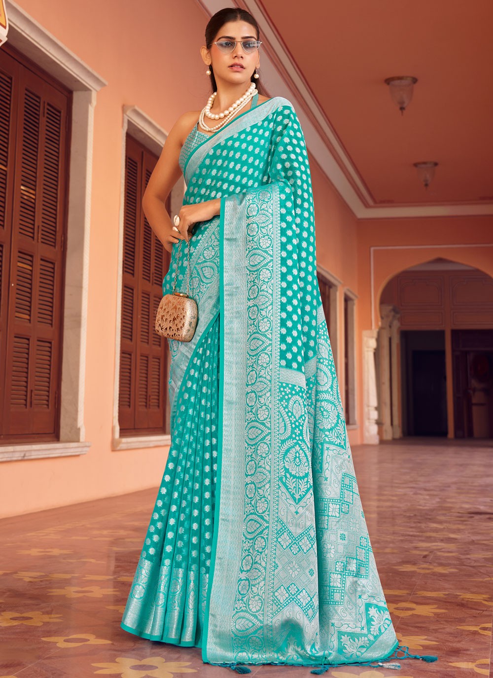 Firozi Georgette Traditional Saree Weaving Zari S17641